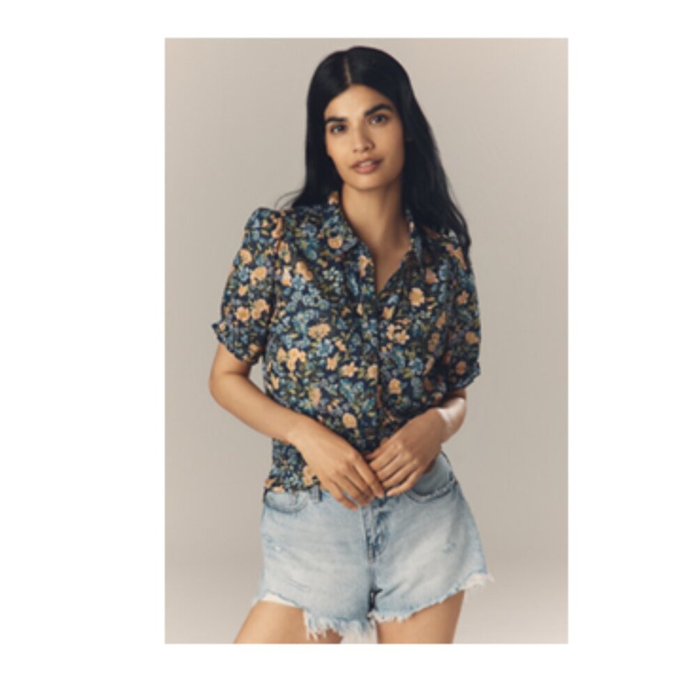 Anthropologie Pilcro The Aly Puff-Sleeve Blouse 100% Cotton Navy Floral M